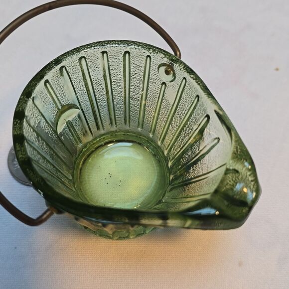 Vintage Hazel Atlas Little Coal Bucket Ashtray With Handle Green Glass 2" - Picture 5 of 14